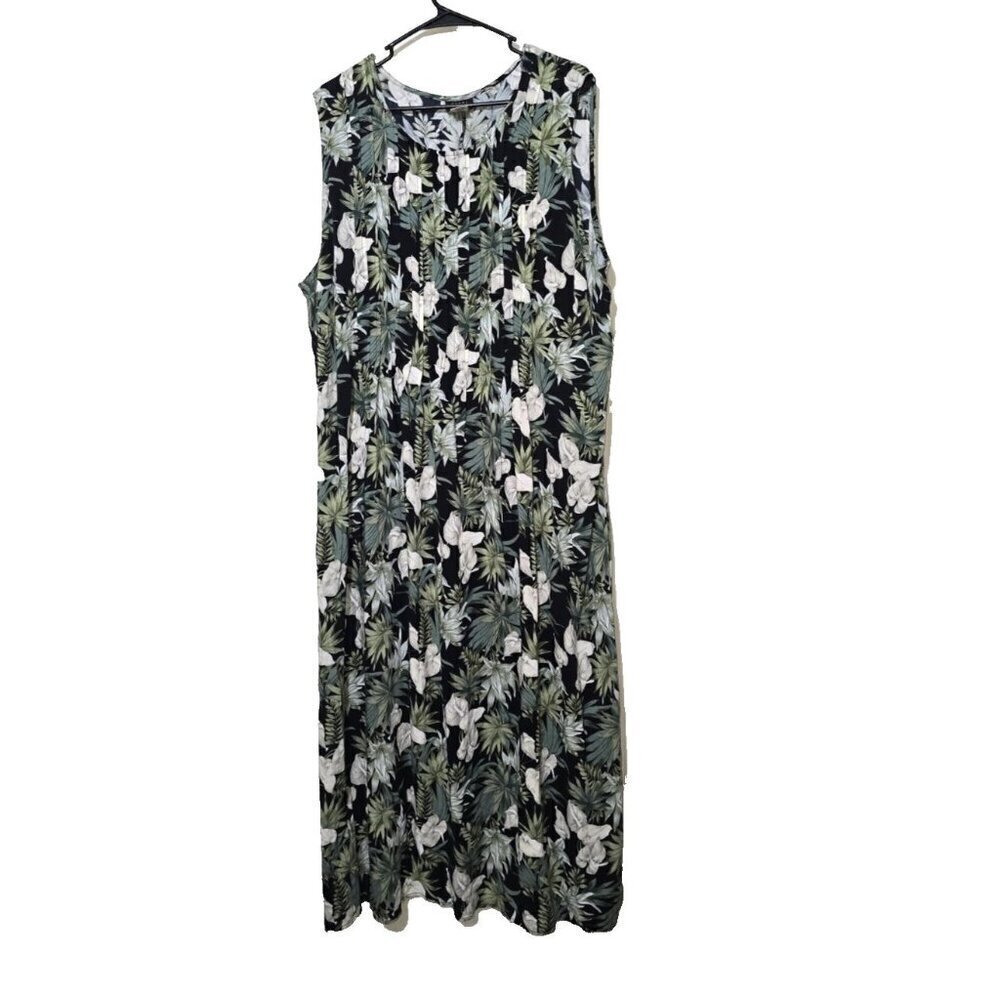 Vtg TEDDI Woman Maxi Dress Sz 22W Floral Boho Beach Tropical Pintucked Tie Waist